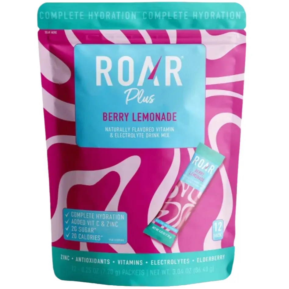 Roar Plus Berry Lemonade is a naturally flavored vitamin and electrolyte drink mix, offering complete hydration with added Vitamin C, zinc, 2g of sugar, and 20 calories per serving. The package contains 72 packs with antioxidants, vitamins, electrolytes, and elderberry.