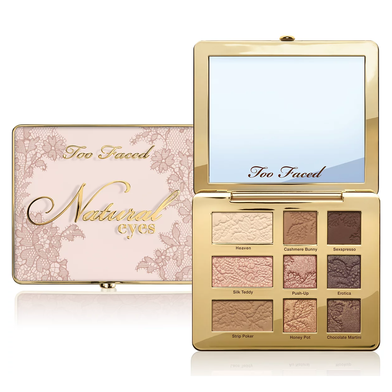 Too Faced Natural Eyes Eyeshadow Palette features nine eyeshadows in neutral shades, including Heaven, Cashmere Bunny, Sexpresso, Silk Teddy, Push-Up, Erotica, Strip Poker, Honey Pot, and Chocolate Martini. The compact includes a mirror.