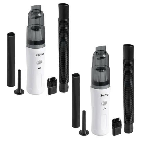 Two white handheld vacuum cleaners with black attachments and brushes, featuring extendable hoses for versatile cleaning.