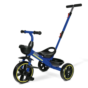 A blue tricycle with yellow rim accents, featuring a handlebar, pedals, a front basket, and a push handle for parental control.