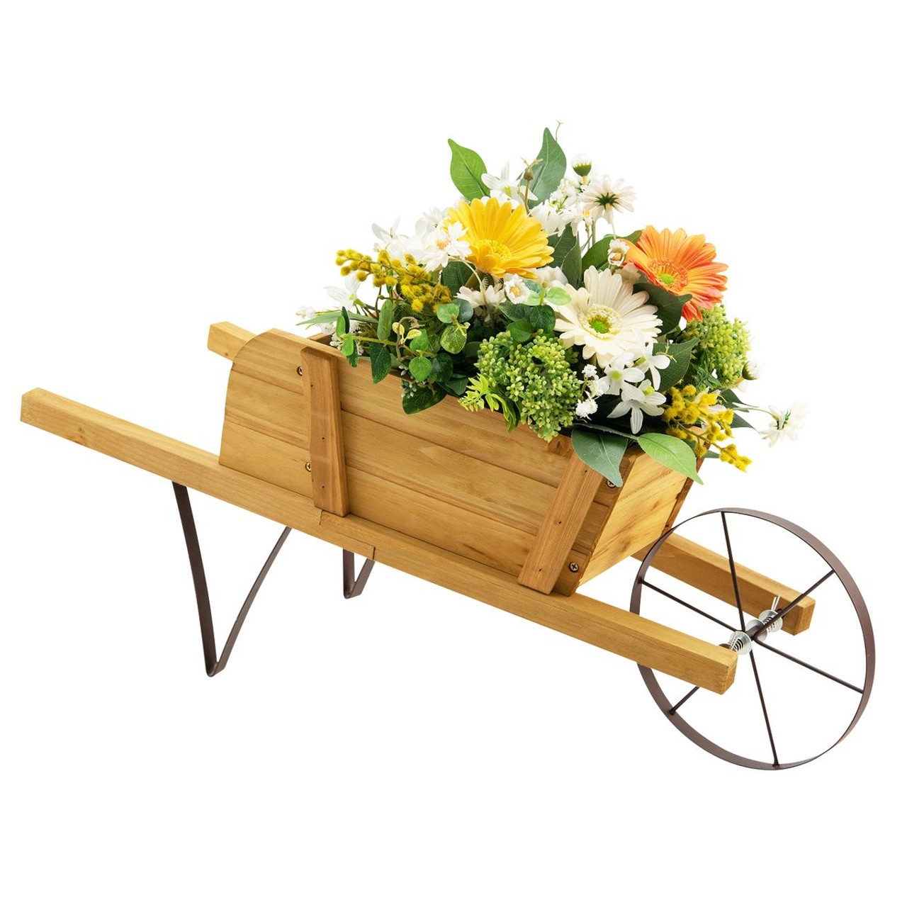 A wooden decorative wheelbarrow with a metal wheel, filled with colorful flowers, including daisies and gerberas.