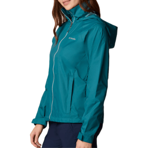 A teal Columbia rain jacket with a hood and full-zip closure, designed for outdoor activities.