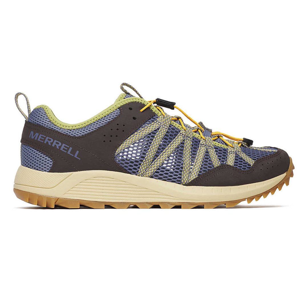Merrell Men's Aerosport Shoes feature a mesh upper for breathability, synthetic overlays for support, a yellow and brown color scheme, and a rugged rubber outsole for traction, ideal for outdoor activities.