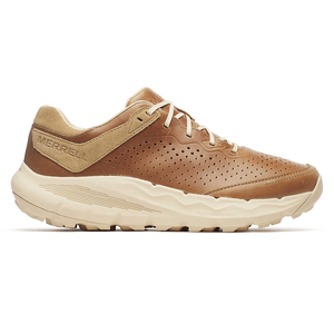 Merrell brown and beige sneaker with perforated leather upper, suede accents, and cushioned sole featuring FLEXconnect technology.