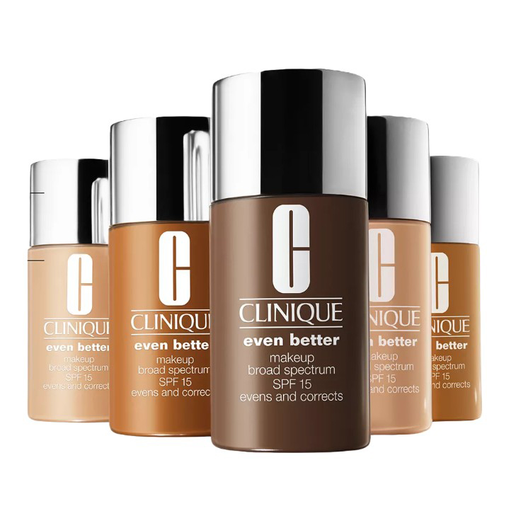 Clinique Even Better Makeup Broad Spectrum SPF 15 foundation bottles in various shades, designed to even and correct skin tone.