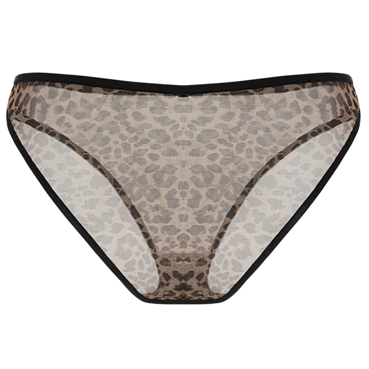 Leopard print mesh women's underwear with black trim, featuring a semi-transparent design.