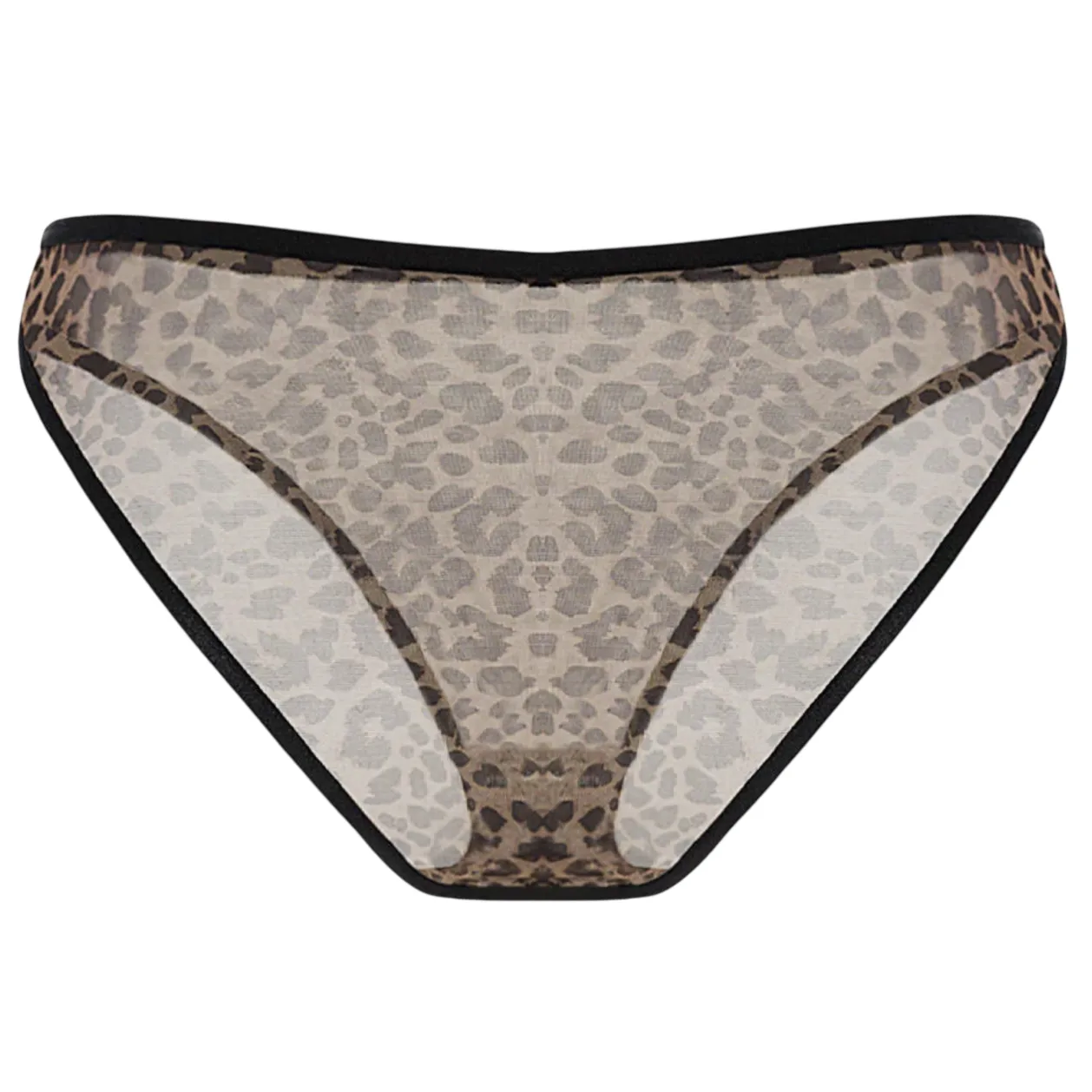 Leopard print mesh women's underwear with black trim, featuring a semi-transparent design.