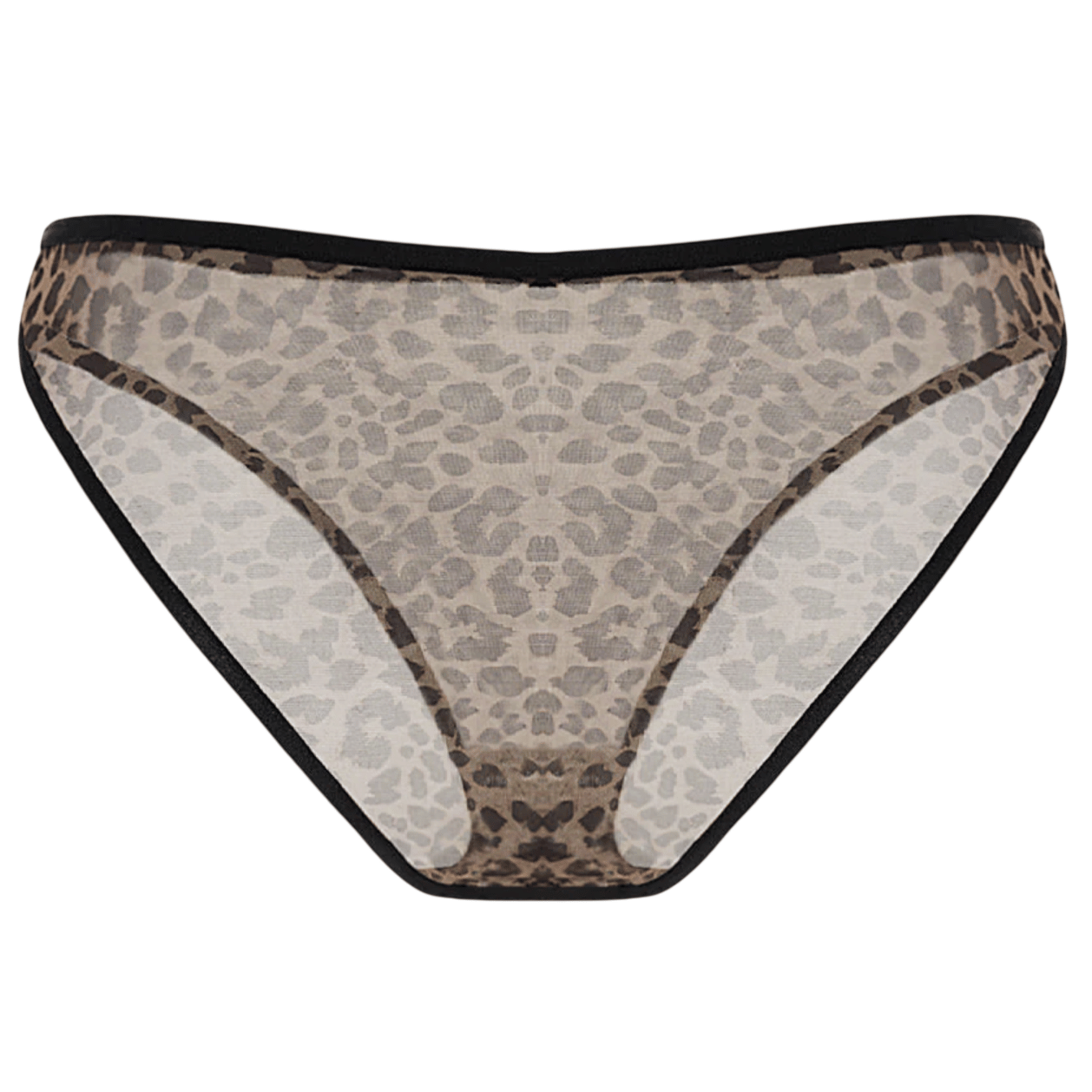 Leopard print mesh women's underwear with black trim, featuring a semi-transparent design.