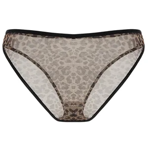 Leopard print mesh women's underwear with black trim, featuring a semi-transparent design.
