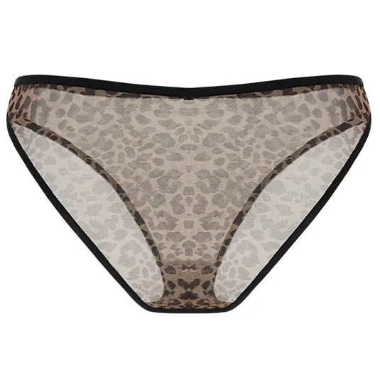 Leopard print mesh women's underwear with black trim, featuring a semi-transparent design.