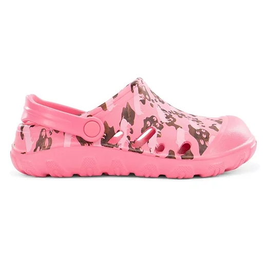 Pink clog-style shoe with a camouflage pattern, featuring a pivoting heel strap and ventilation ports.