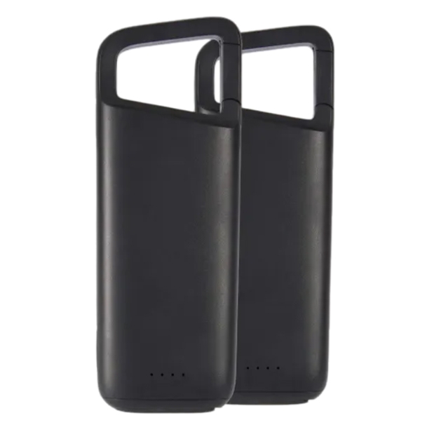 A pair of black phone battery cases with an open top design and LED indicators at the bottom, likely for extended battery life.