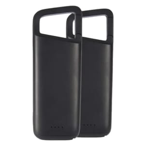 A pair of black phone battery cases with an open top design and LED indicators at the bottom, likely for extended battery life.