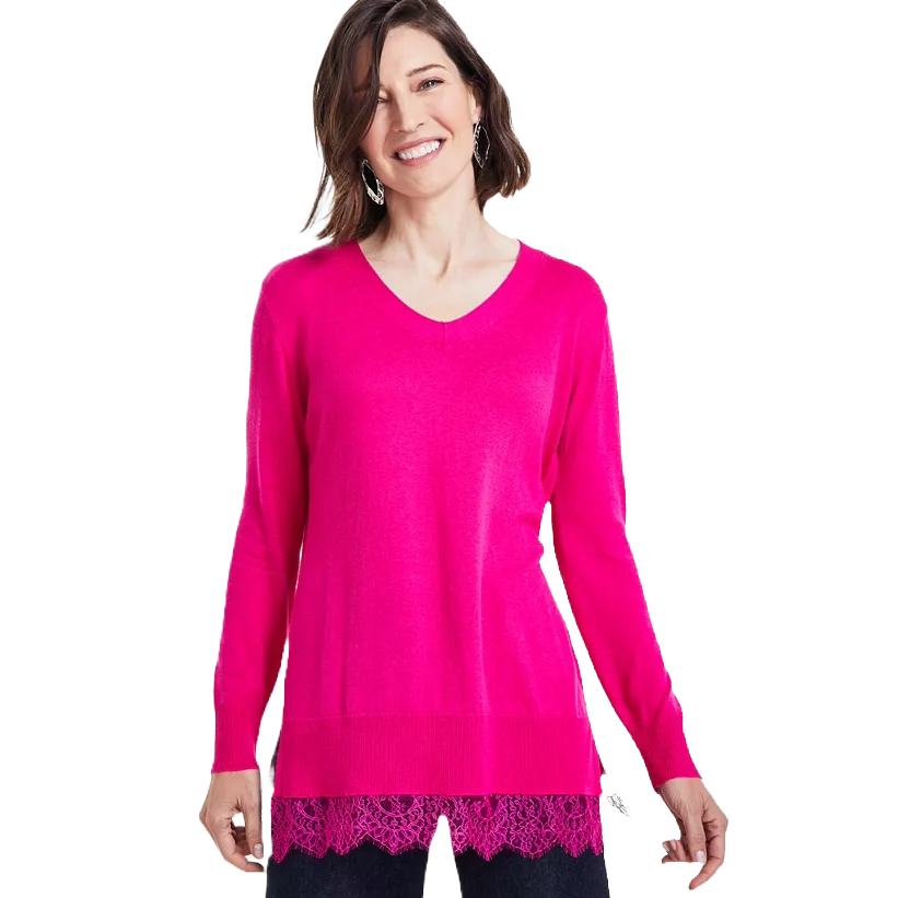 A vibrant pink, long-sleeve V-neck sweater with lace trim at the hem, offering a stylish, layered look.