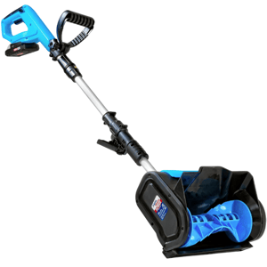 Cordless snow shovel with ergonomic handle, adjustable shaft, and rotating auger for efficient snow removal.