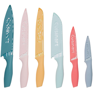 Set of six colorful Cuisinart kitchen knives with blade guards, each in different hues including teal, pink, yellow, light blue, coral, and gray.