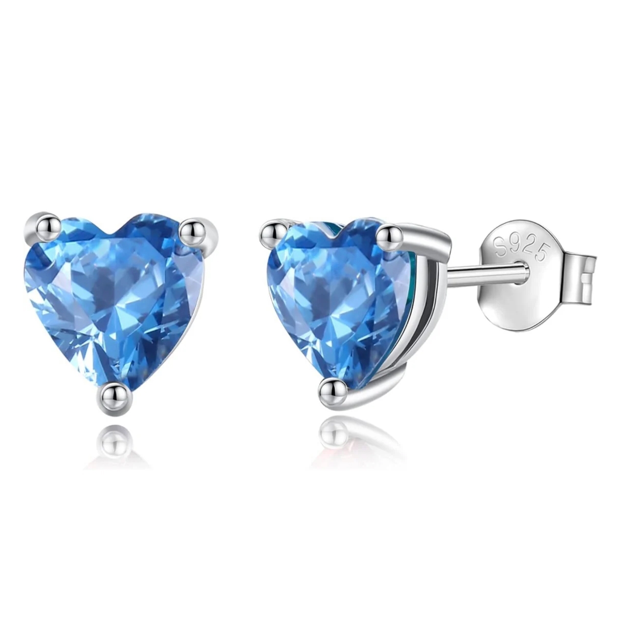 Silver stud earrings with heart-shaped blue gemstones, featuring an \“S925\“ mark indicating sterling silver.
