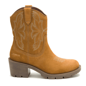 A tan suede ankle boot with decorative stitching, a pull-tab, and a chunky heel, branded with \“Caterpillar.\“