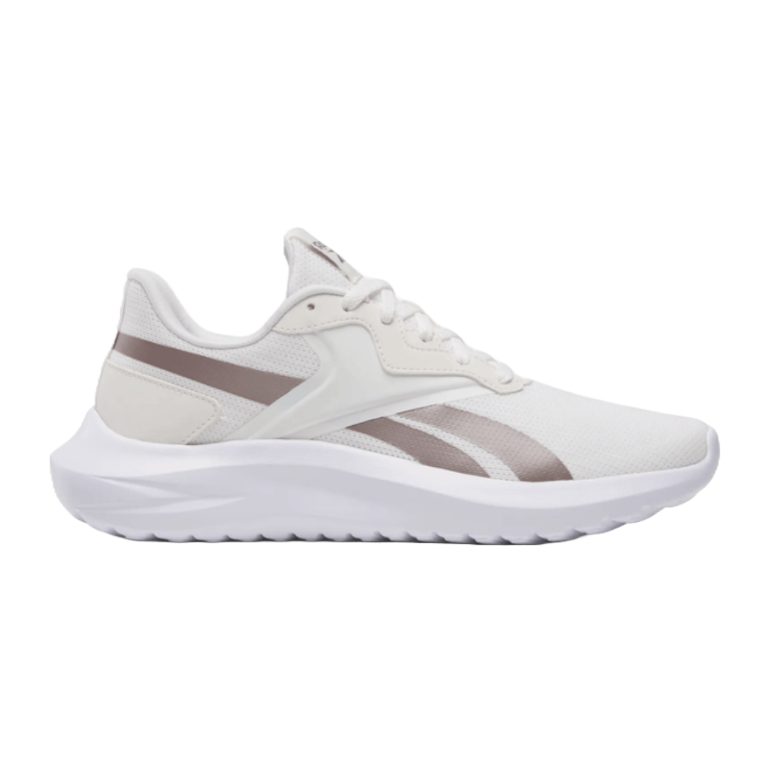 White running shoe with a sleek design, featuring a breathable mesh upper and subtle beige accents. The shoe has a cushioned white sole for comfort and performance.