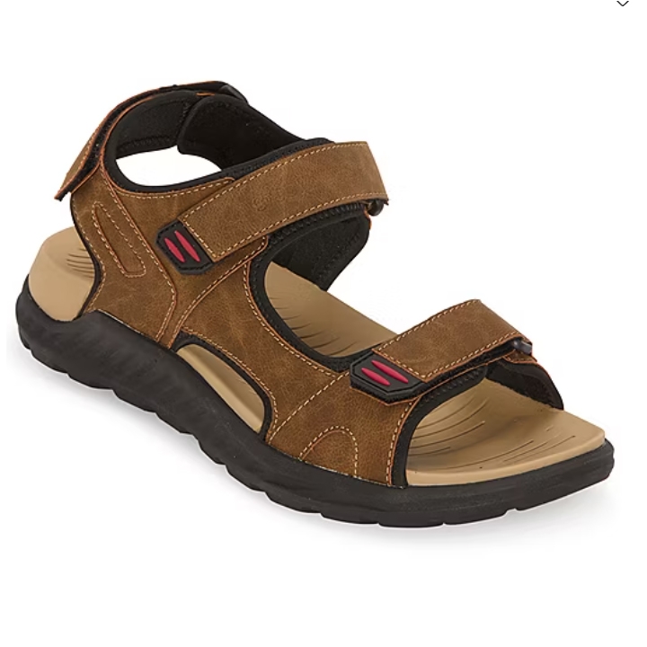 A brown open-toe sandal with adjustable straps and a cushioned sole, featuring black and red accents.