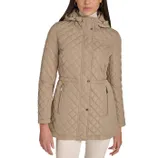 A beige, quilted jacket with a hood and zipper closure. It features a fitted waist with snap buttons and zippered pockets.