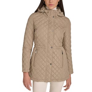 A beige, quilted jacket with a hood and zipper closure. It features a fitted waist with snap buttons and zippered pockets.