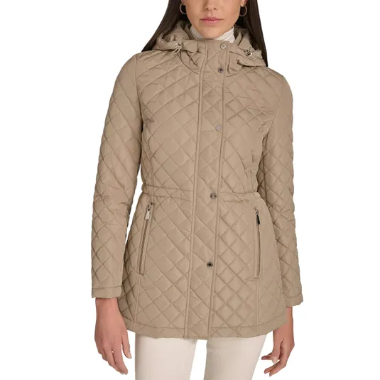 A beige, quilted jacket with a hood and zipper closure. It features a fitted waist with snap buttons and zippered pockets.