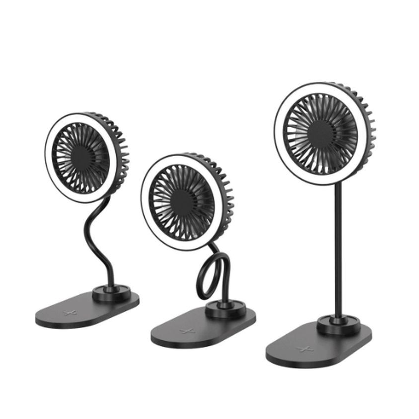 Three adjustable mini desktop fans with flexible necks on black bases, featuring circular blades and a modern design.