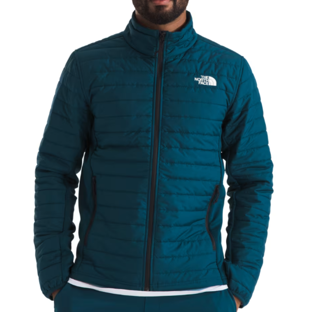 The North Face Men's Hybrid Jacket is a teal, lightweight, quilted jacket with a full front zip, featuring side pockets and the brand logo on the chest.