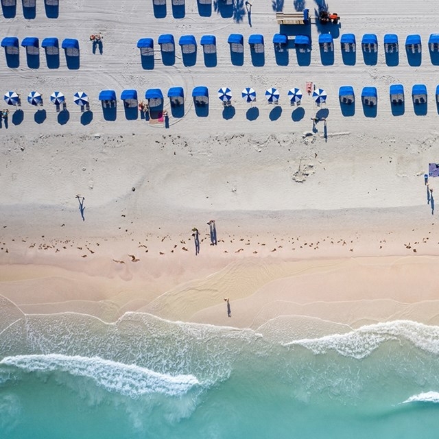 Aerial view of a beach with rows of blue beach loungers and matching umbrellas, and gentle waves reaching the shore.