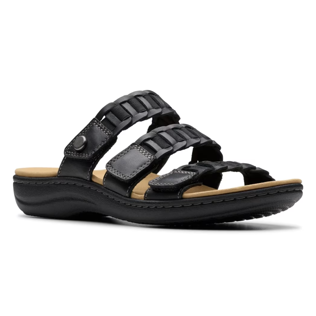 Black women's sandal with a three-strap design, featuring woven details and a cushioned insole for comfort.