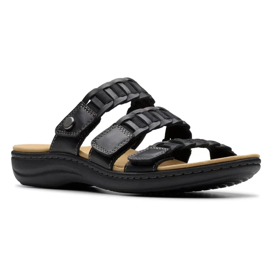 Black women's sandal with a three-strap design, featuring woven details and a cushioned insole for comfort.