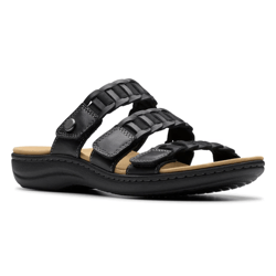Black women's sandal with a three-strap design, featuring woven details and a cushioned insole for comfort.
