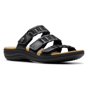 Black women's sandal with a three-strap design, featuring woven details and a cushioned insole for comfort.