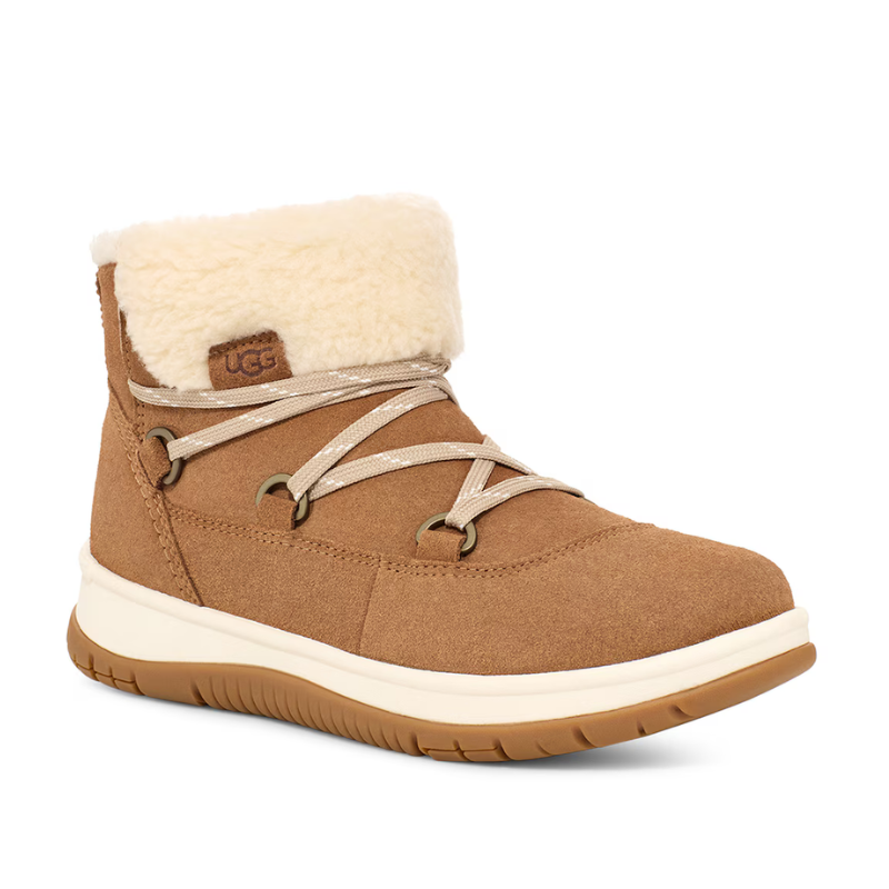 Brown suede UGG waterproof booties with cream fleece trim, tan laces, and metal eyelets. They feature a sturdy rubber sole designed for cold weather.