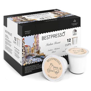 Bestpresso Italian Roast coffee pods, compatible with Keurig machines, include 12 dark roast cups with an Arabica-Robusta blend.