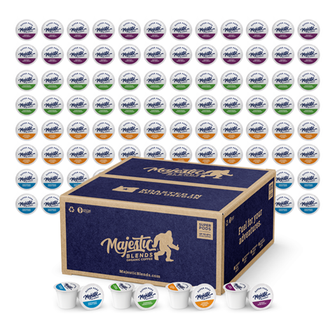 Majestic Blends coffee pods in various flavors, displayed with a large branded box, showcasing an assortment of individual pods.