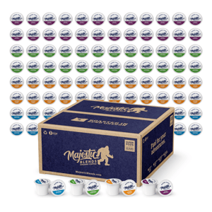 Majestic Blends coffee pods in various flavors, displayed with a large branded box, showcasing an assortment of individual pods.