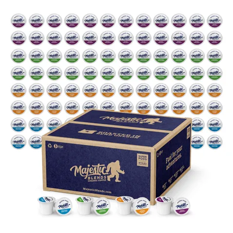 Majestic Blends coffee pods in various flavors, displayed with a large branded box, showcasing an assortment of individual pods.