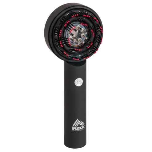 A black handheld device with a circular top featuring red and clear details, labeled with \“RBX\“ and \“Ruler Betas\“.