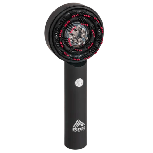 A black handheld device with a circular top featuring red and clear details, labeled with \“RBX\“ and \“Ruler Betas\“.