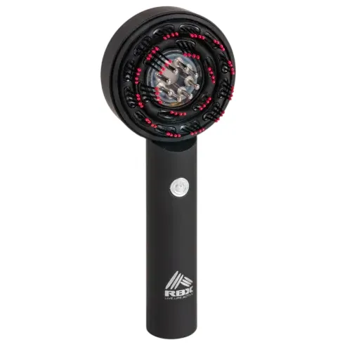 A black handheld device with a circular top featuring red and clear details, labeled with \“RBX\“ and \“Ruler Betas\“.