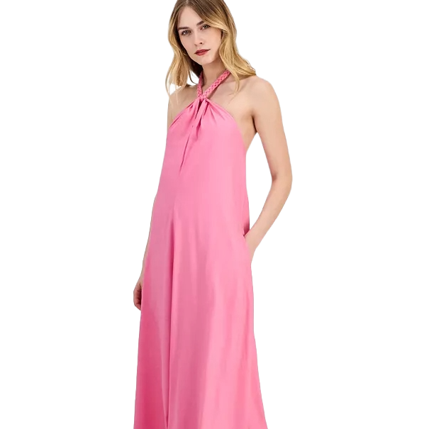 Pink halter-style maxi dress with a braided neck detail, offering a relaxed, flowy fit.