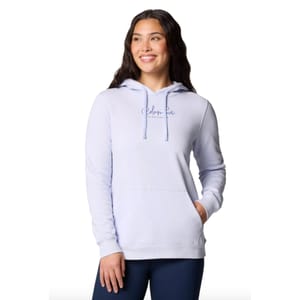 A person wearing a light purple Columbia hoodie with a front pocket and drawstrings, paired with navy blue pants.