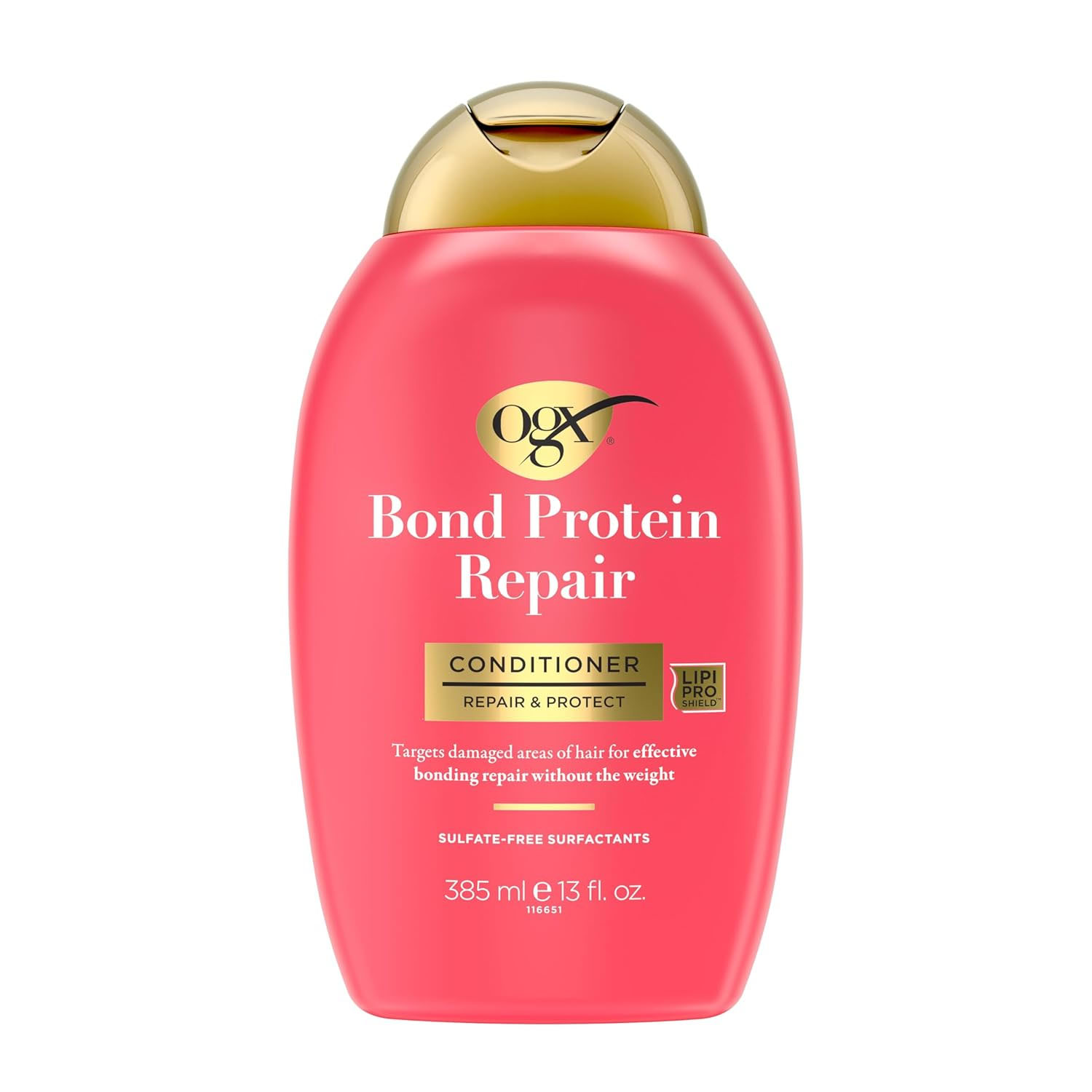 OGX Bond Protein Repair Conditioner, 385 ml (13 fl. oz.), targets damaged hair for effective bonding repair without added weight, featuring sulfate-free surfactants and Lipid Pro Shield technology.