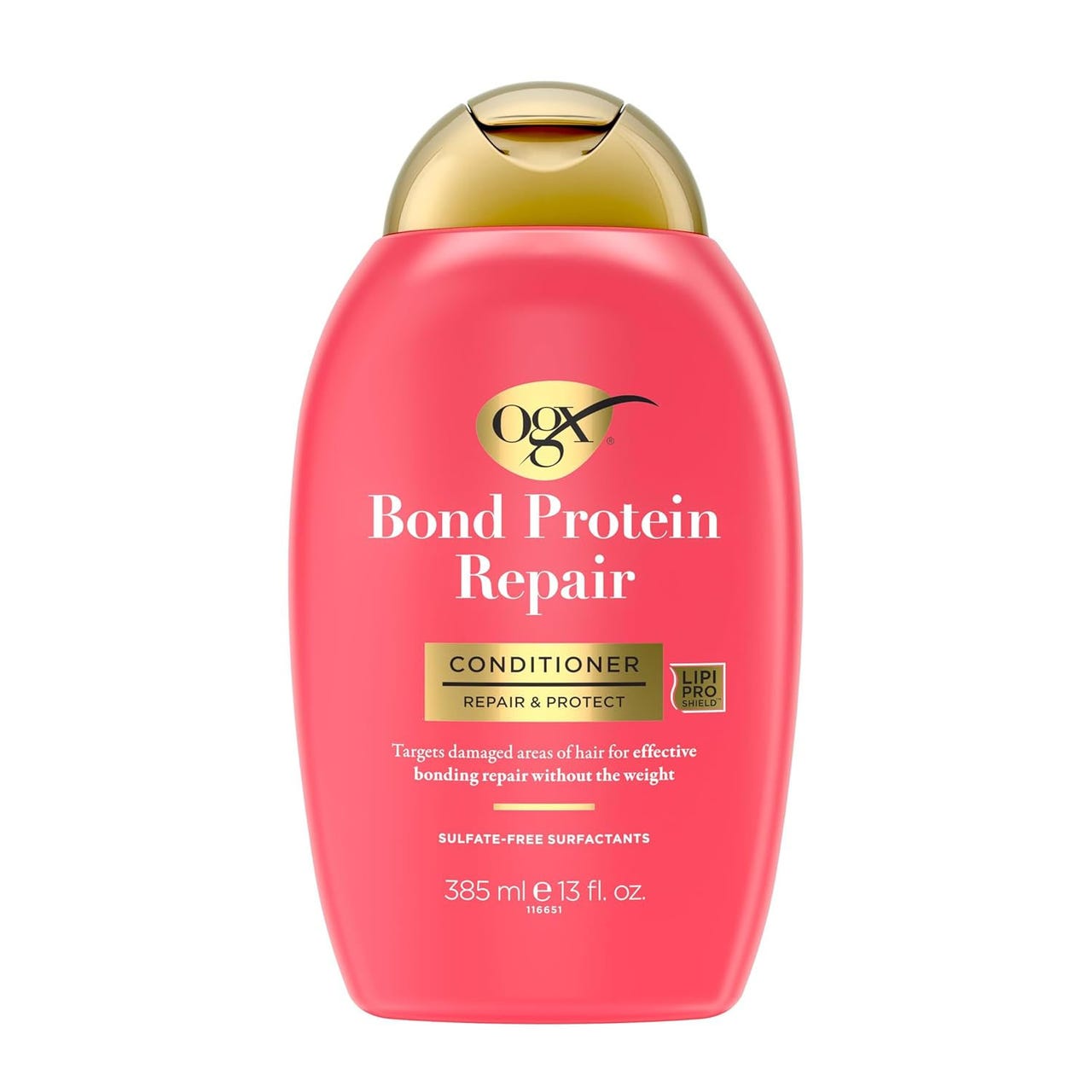 OGX Bond Protein Repair Conditioner, 385 ml (13 fl. oz.), targets damaged hair for effective bonding repair without added weight, featuring sulfate-free surfactants and Lipid Pro Shield technology.