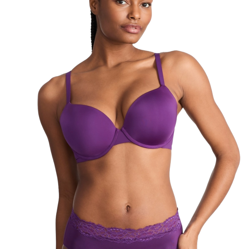 A woman models a matching purple lingerie set, featuring a sculpted bra and high-waisted panties with lace detailing.