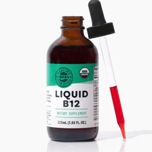 A bottle of VIMERGY Liquid B12 dietary supplement with a dropper.