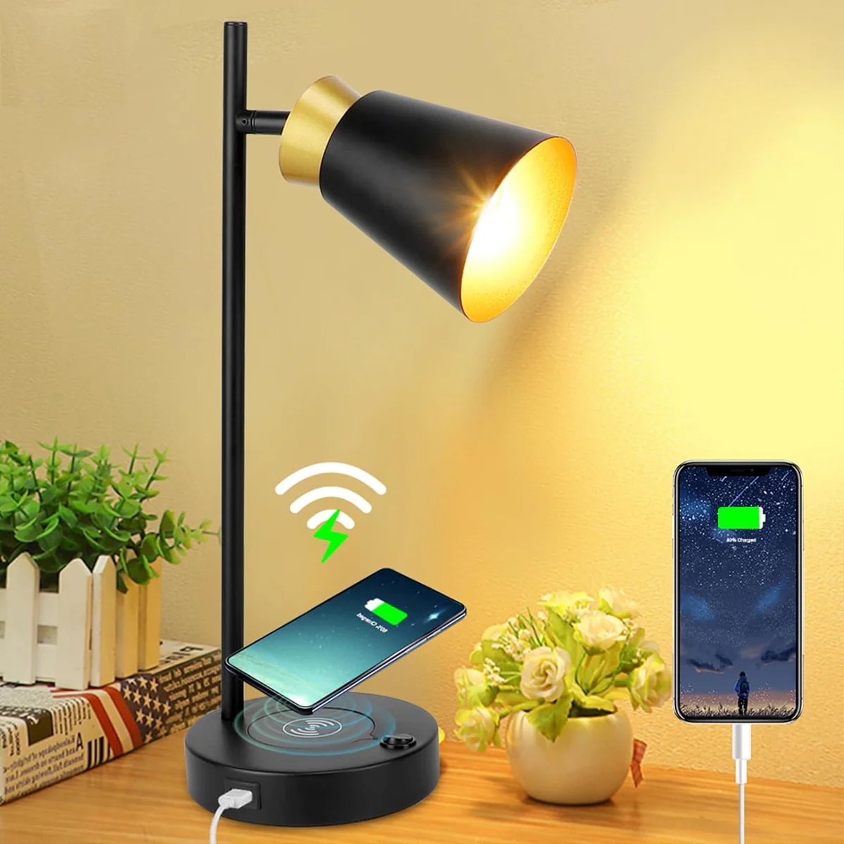 A desk lamp with a built-in wireless charging pad and a space for wired charging of another device.