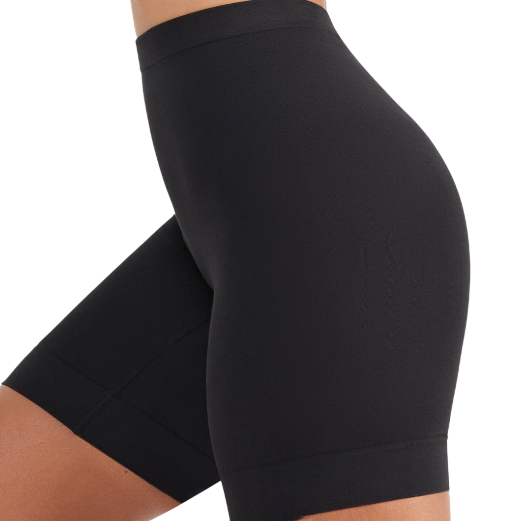 Black high-waisted biker shorts, extending to mid-thigh, designed for a snug fit and made from stretchy material.